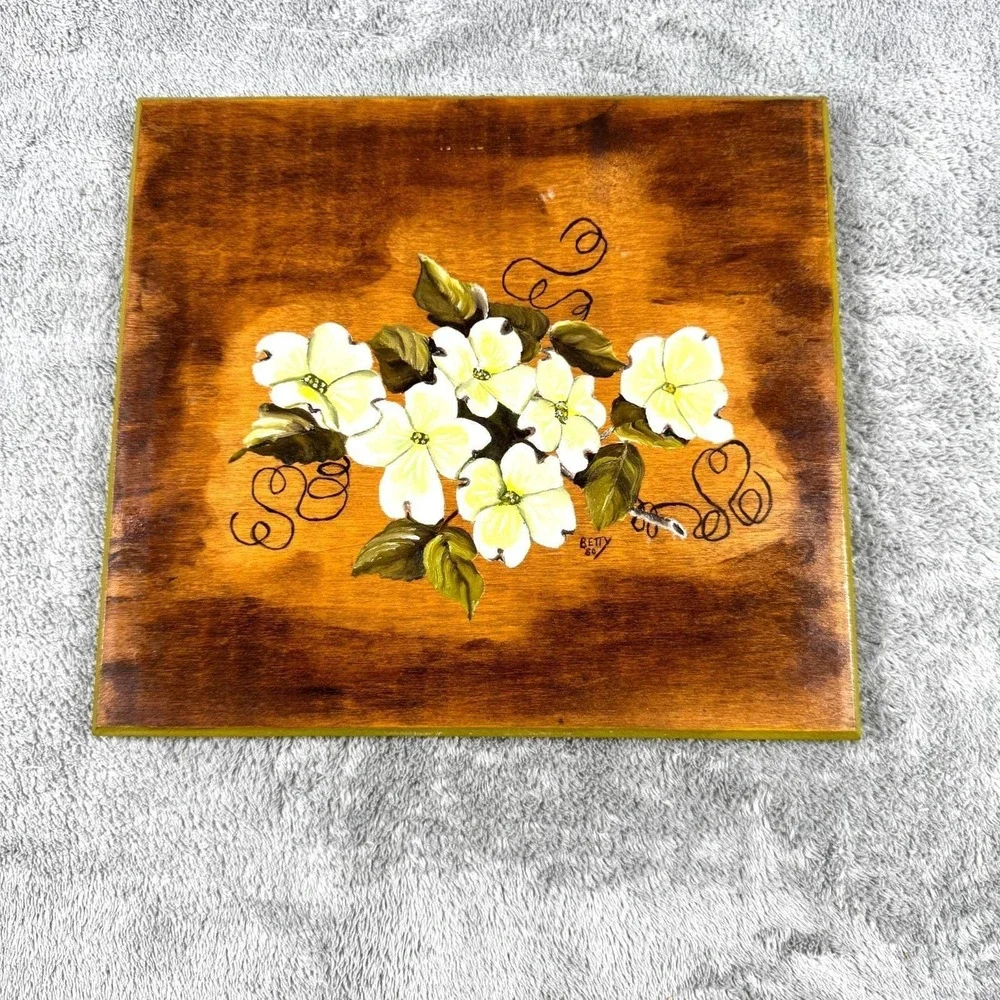 Vintage Hand Painted Wood Wall‎ Plaques Cotton Flowers Signed Betty Set of 2